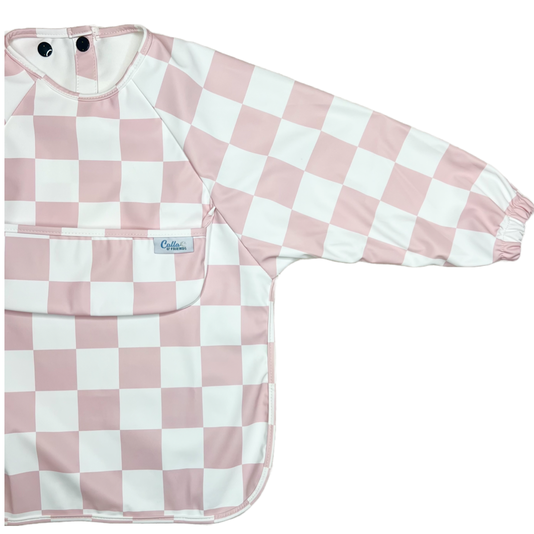 The Grayson Long Sleeve Bib - Checkered: Petal Pink / 4-6Y