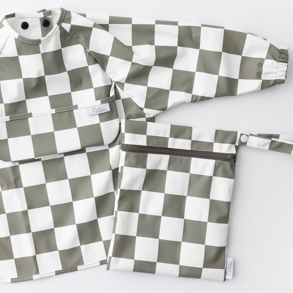 The Grayson Long Sleeve Bib - Checkered: Petal Pink / 4-6Y