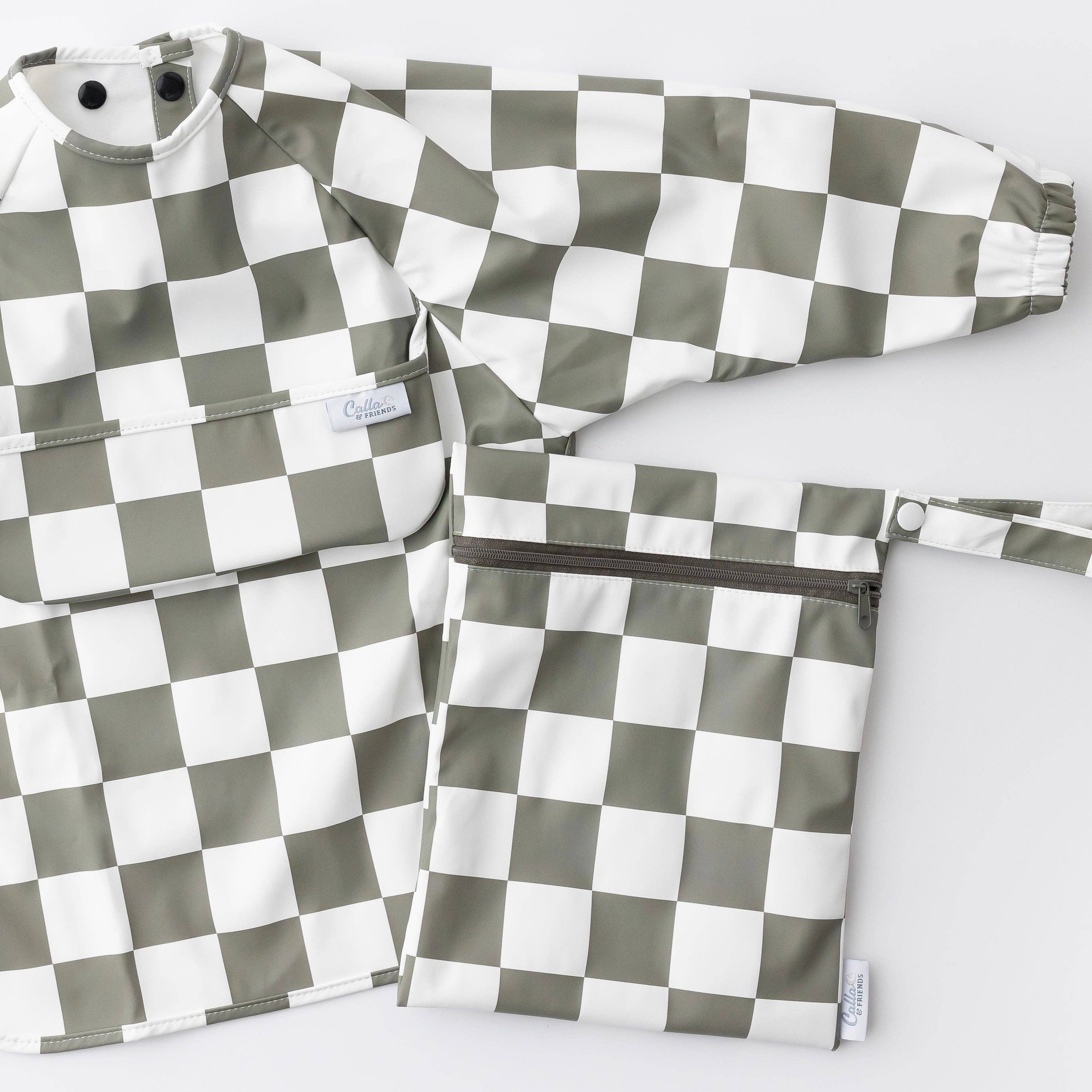 The Grayson Long Sleeve Bib - Checkered: Petal Pink / 4-6Y