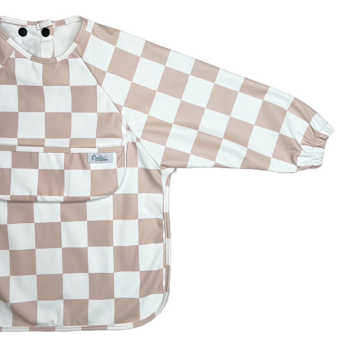 The Grayson Long Sleeve Bib - Checkered: Petal Pink / 4-6Y