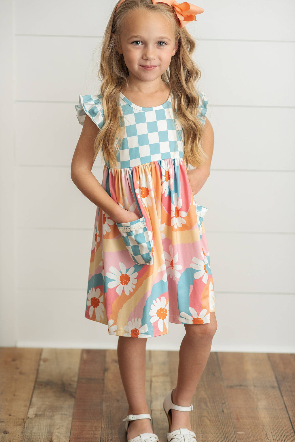 Kids Rainbow Retro Check Daisy Pocket Twirl Spring Dress