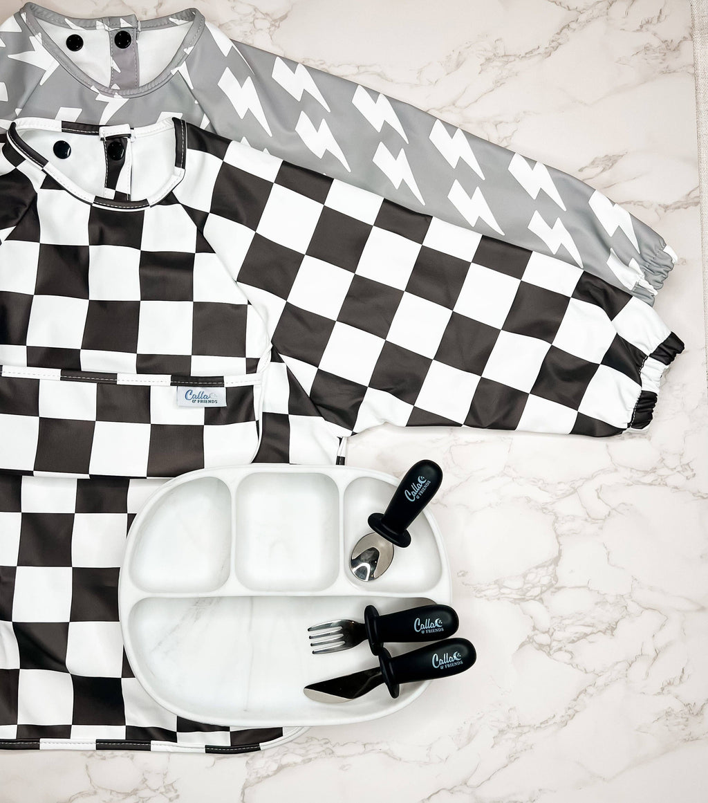 The Grayson Long Sleeve Bib - Checkered: Petal Pink / 4-6Y