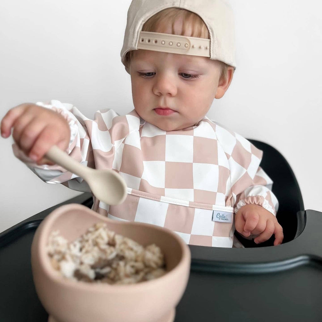 The Grayson Long Sleeve Bib - Checkered: Petal Pink / 4-6Y