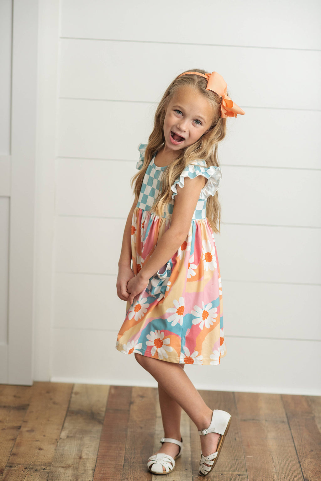Kids Rainbow Retro Check Daisy Pocket Twirl Spring Dress