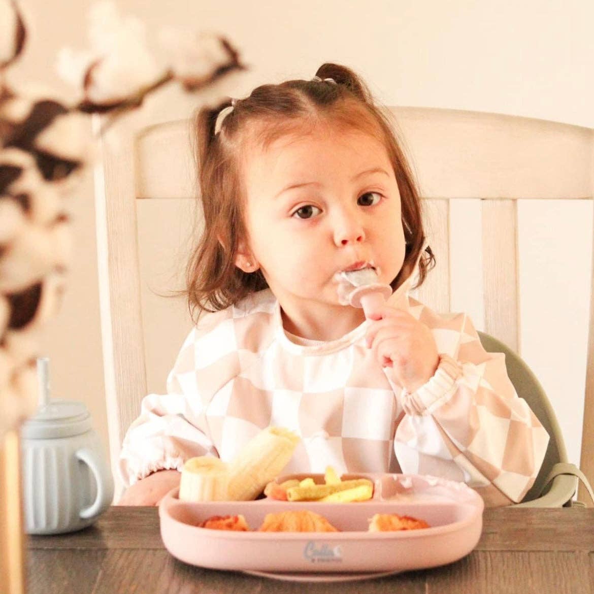 The Grayson Long Sleeve Bib - Checkered: Petal Pink / 4-6Y