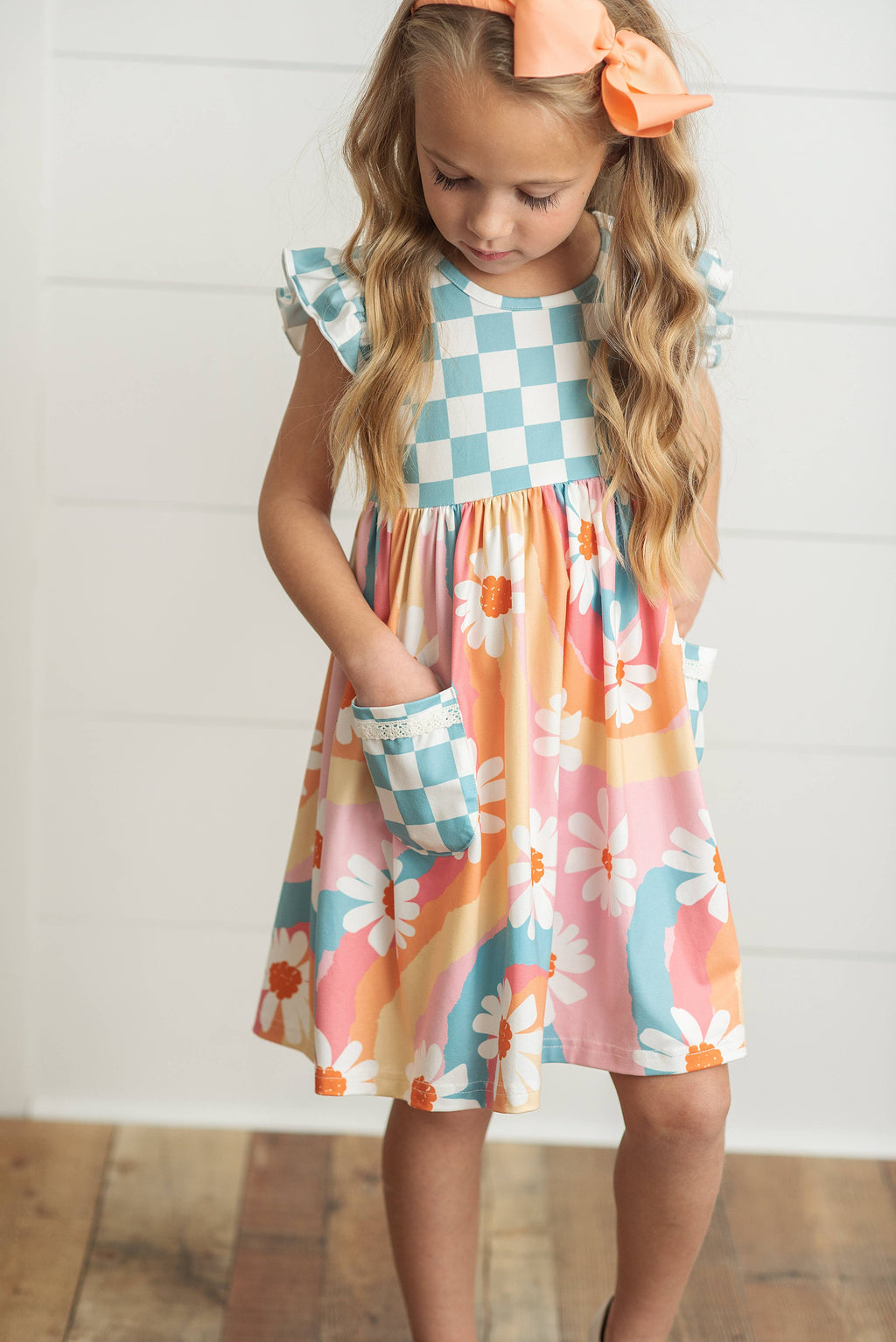 Kids Rainbow Retro Check Daisy Pocket Twirl Spring Dress