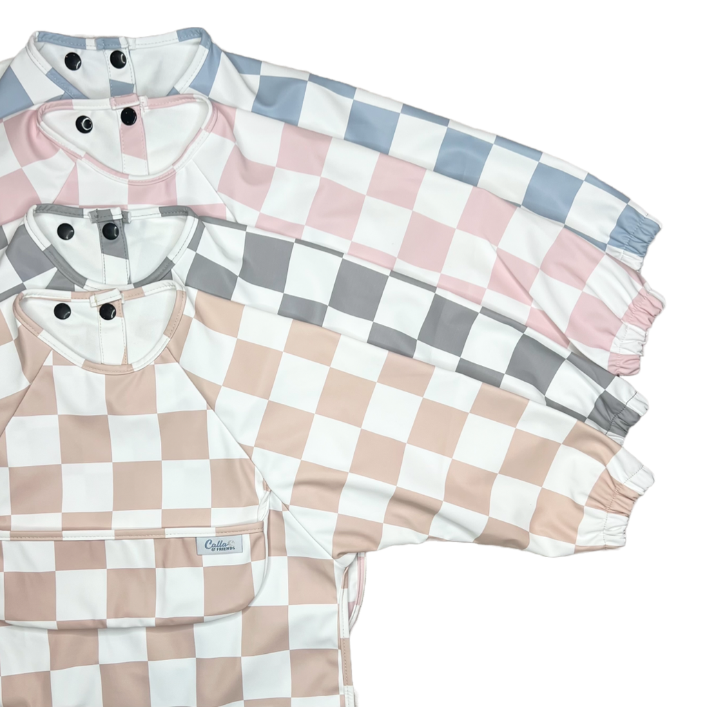 The Grayson Long Sleeve Bib - Checkered: Petal Pink / 4-6Y
