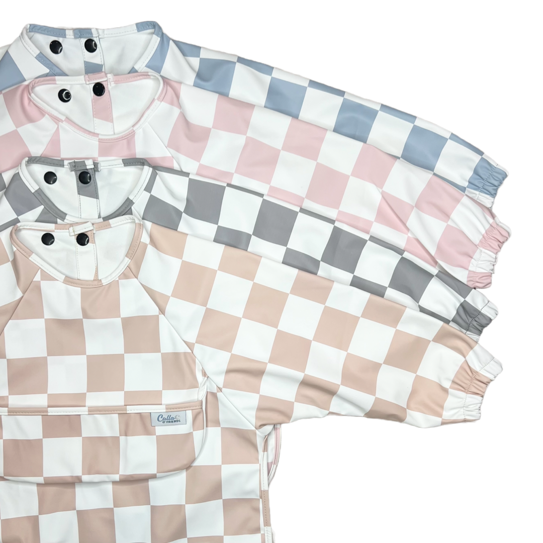 The Grayson Long Sleeve Bib - Checkered: Petal Pink / 4-6Y