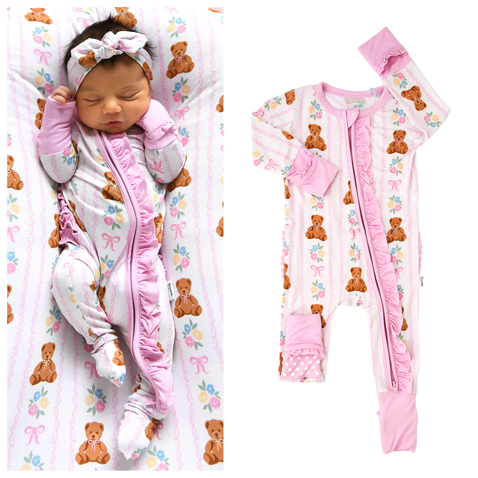 Gillian RUFFLE ZIP Bamboo One Piece Bear Baby Outfit