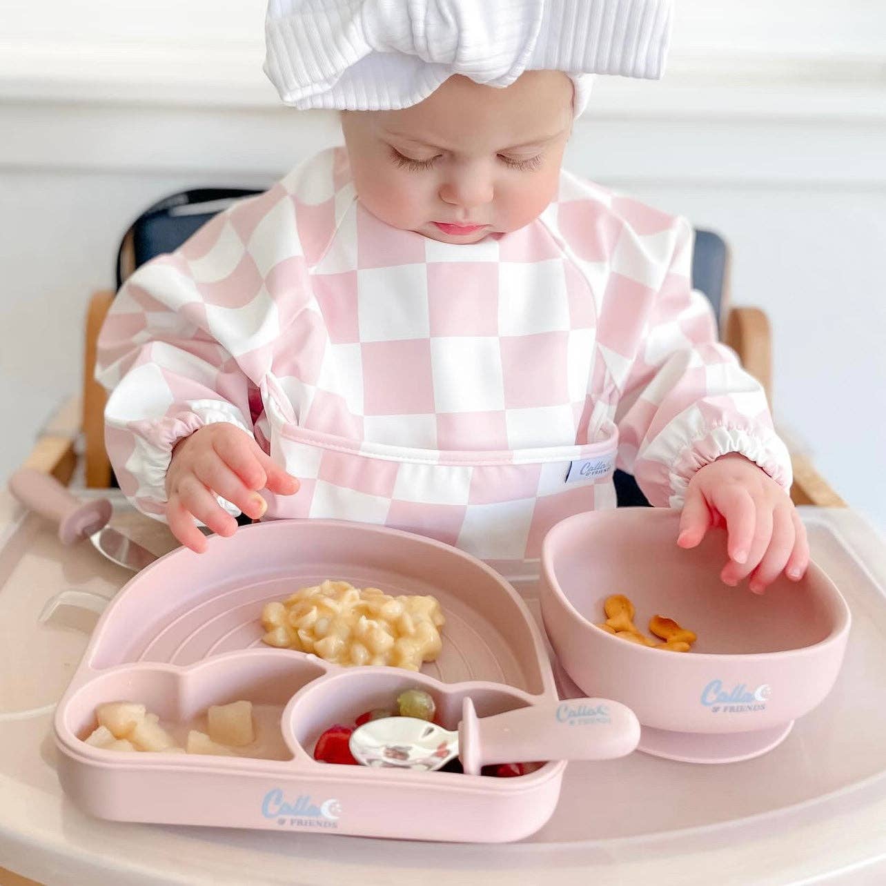 The Grayson Long Sleeve Bib - Checkered: Petal Pink / 4-6Y