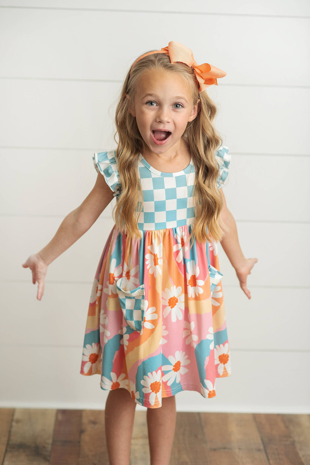 Kids Rainbow Retro Check Daisy Pocket Twirl Spring Dress