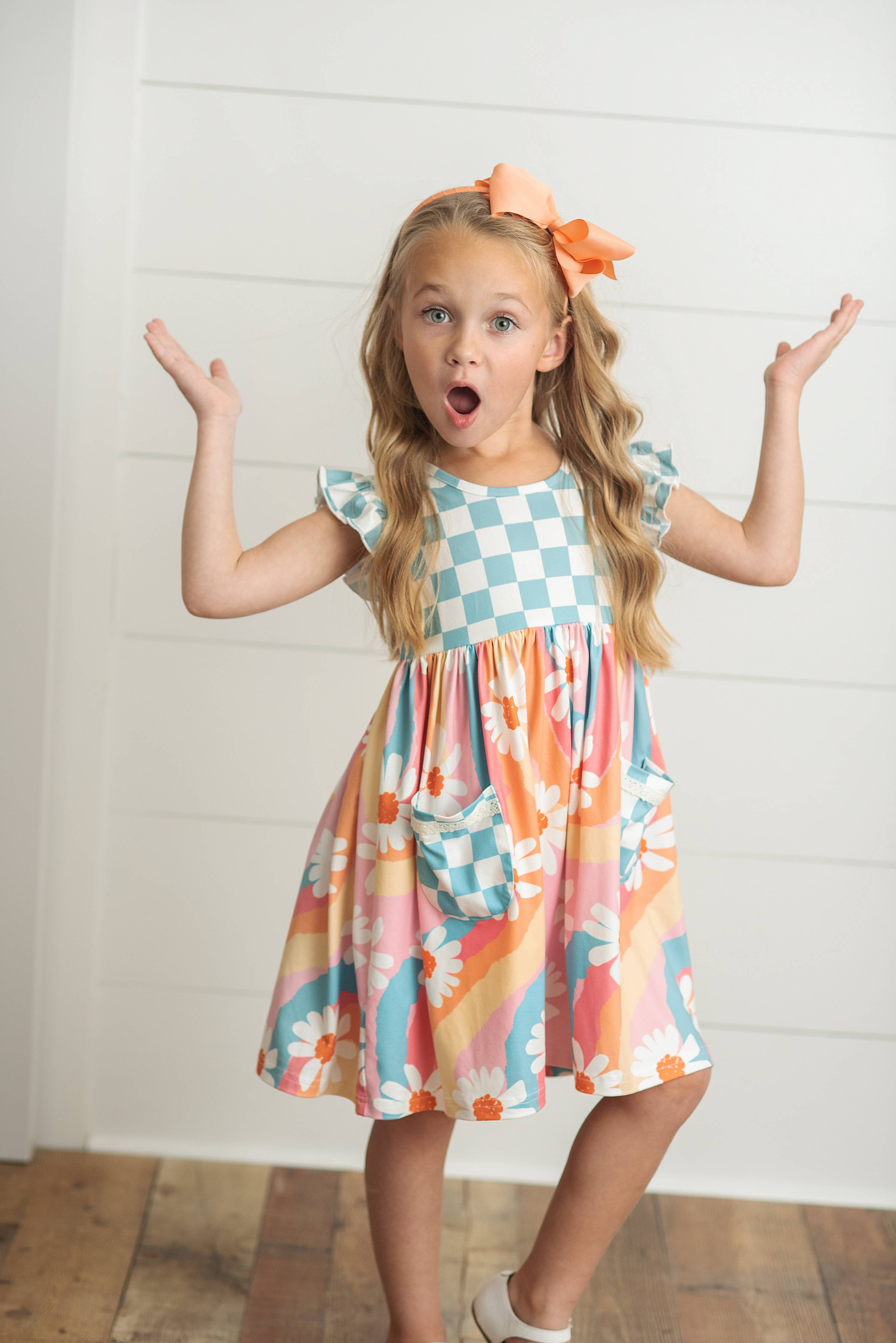 Kids Rainbow Retro Check Daisy Pocket Twirl Spring Dress