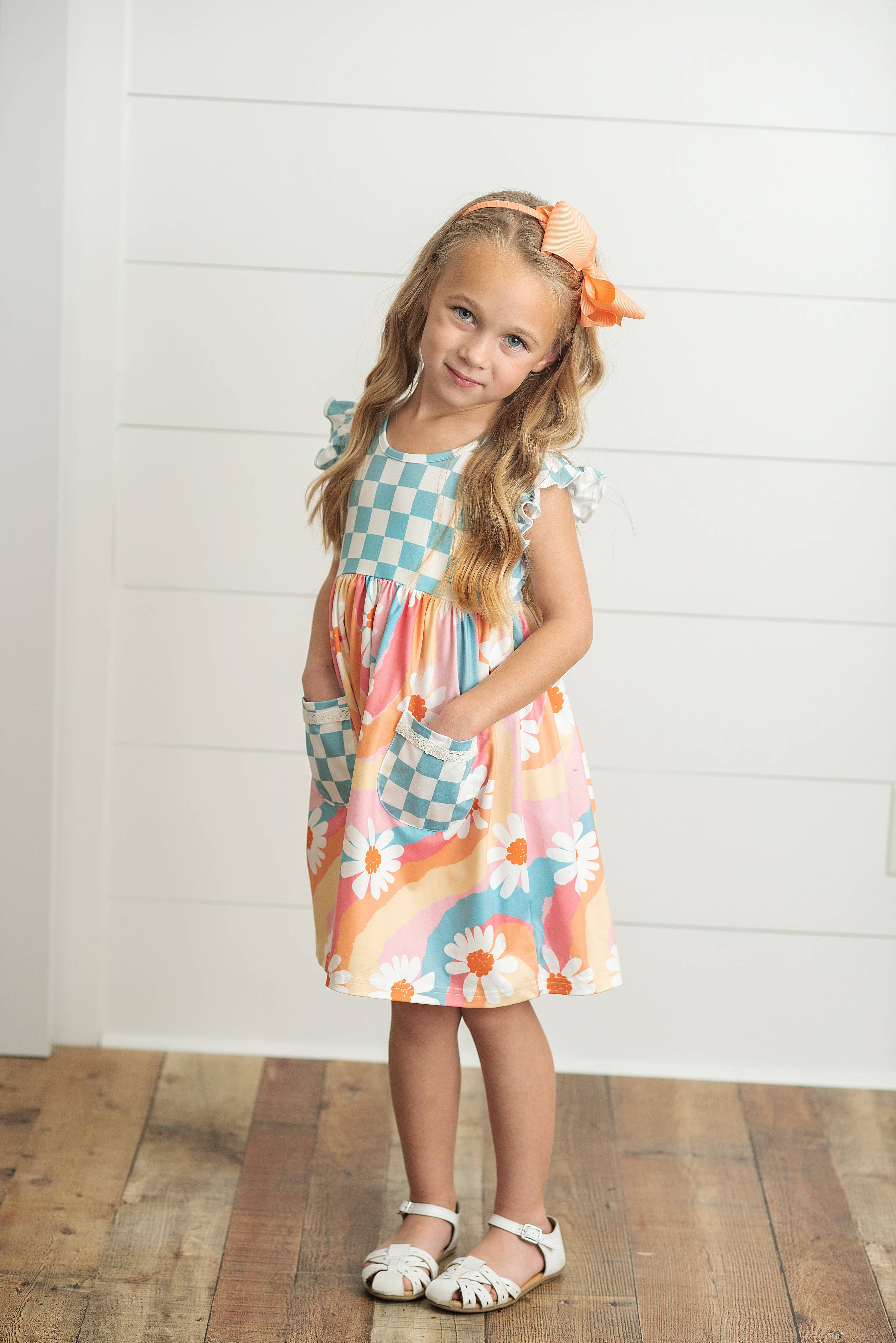 Kids Rainbow Retro Check Daisy Pocket Twirl Spring Dress