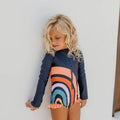 Kids Rainbow Navy Zip Rash Guard One Piece Swimsuit