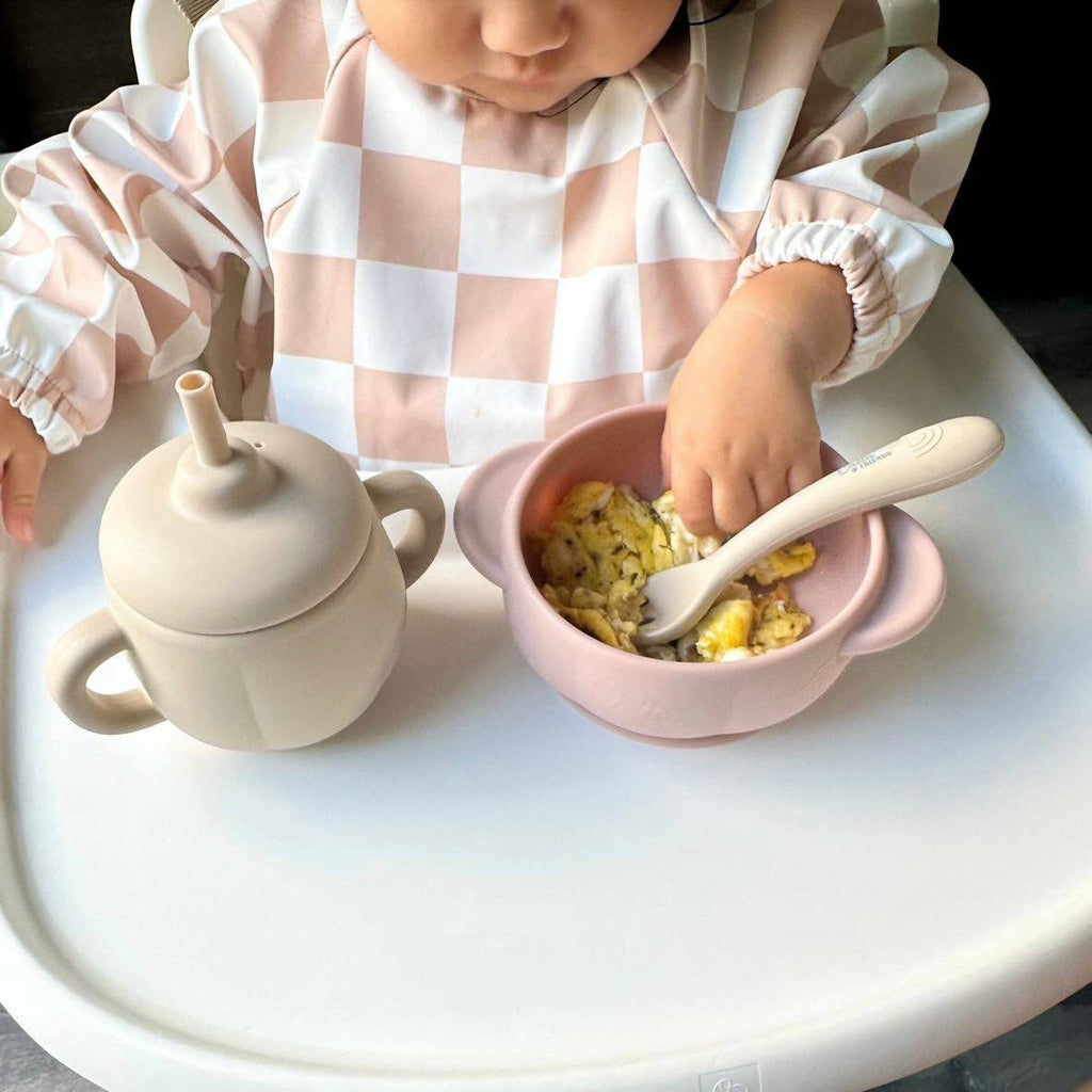 The Grayson Long Sleeve Bib - Checkered: Petal Pink / 4-6Y